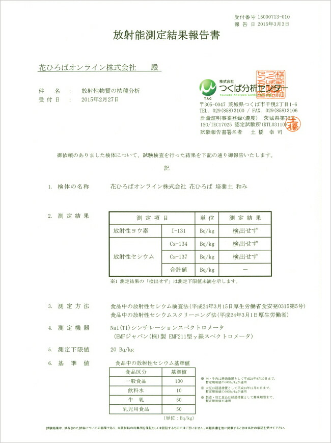 花ひろば培養土「和み」放射能測定結果報告書