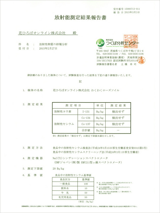 鉢植え用プレミアム培養土 【わくわくローズソイル】の放射能測定結果